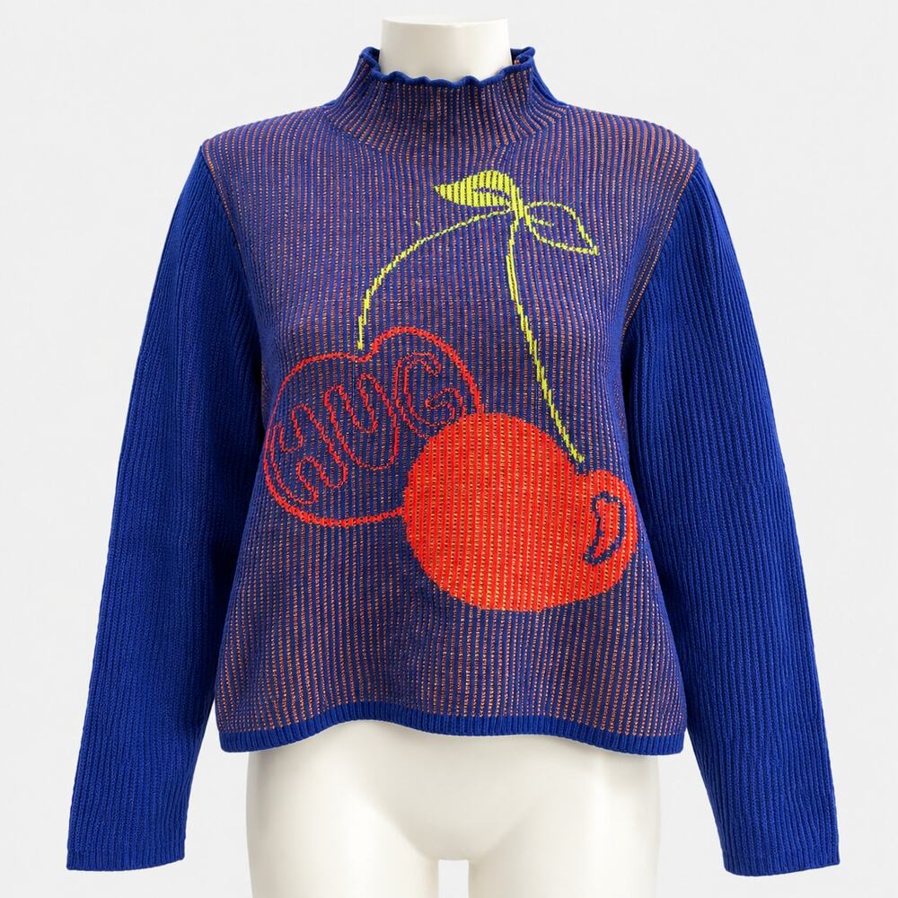BDG Blue Cherry Graphic Mock Neck Sweater Women's XL Knit Pullover "Hug"